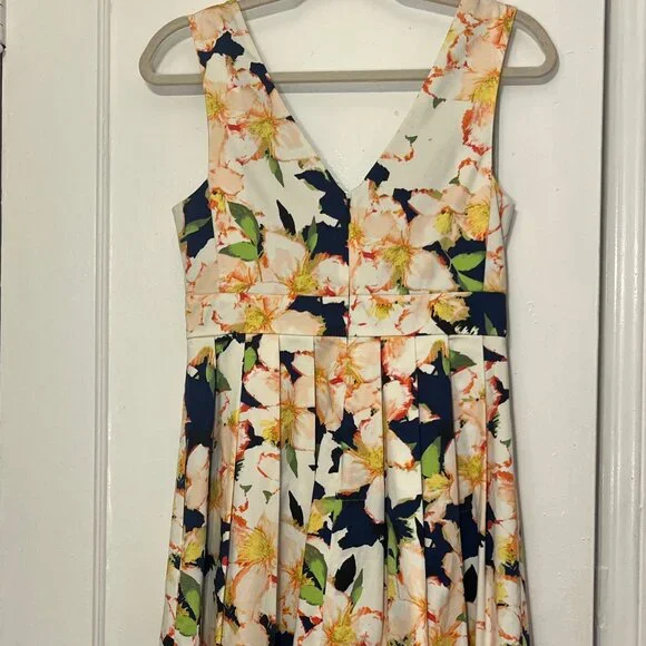 J Crew Sateen Fit & Flare Midi Cocktail Dress Sleeveless V Neck Floral Sz 2 - Picture 5 of 9